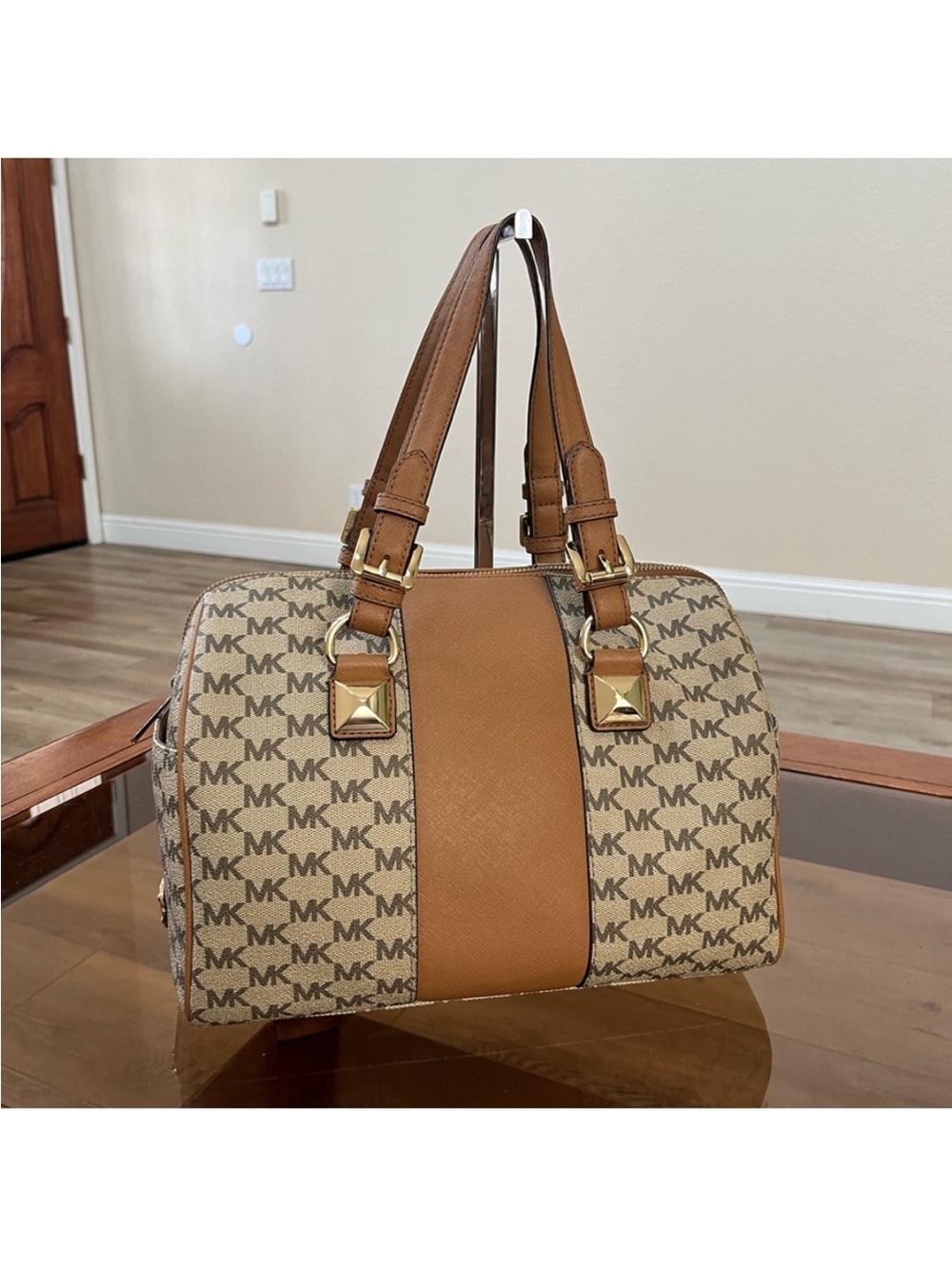 Michael Kors Tan/Brown Signature MK Monogram Satchel with Gold Hardware